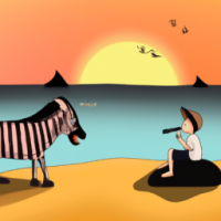 A boy singing while on a zebra at the beach. There is also a shark in the water and a beautiful sunset.