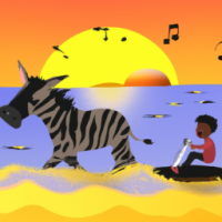 A boy singing while on a zebra at the beach. There is also a shark in the water and a beautiful sunset.