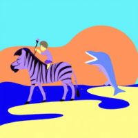 A boy singing while on a zebra at the beach. There is also a shark in the water and a beautiful sunset.