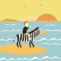 A boy singing while on a zebra at the beach. There is also a shark in the water and a beautiful sunset.